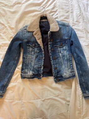 Zara Blue Denim Jacket with Cream Sherpa Collar